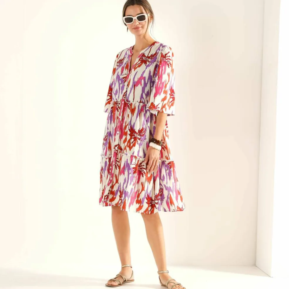 Robe col tunisien imprimée, manches évasées