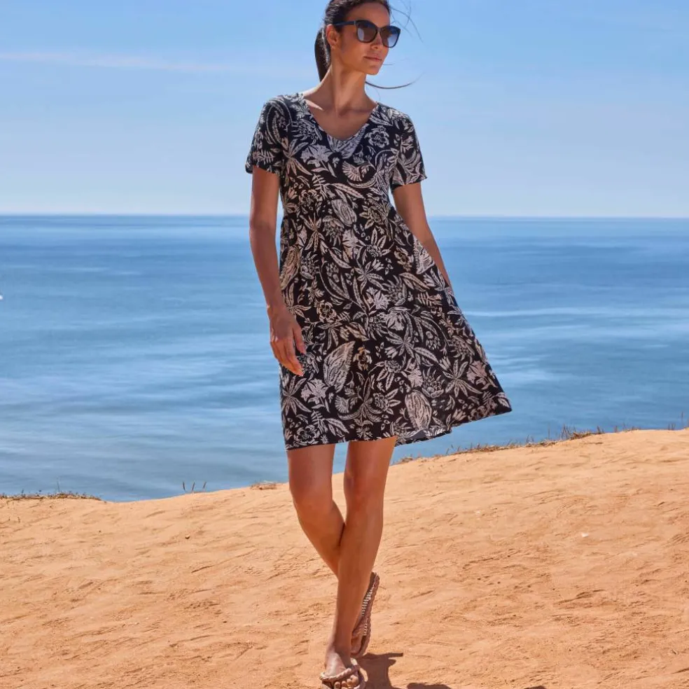 Robe col V courte imprimée, crépon