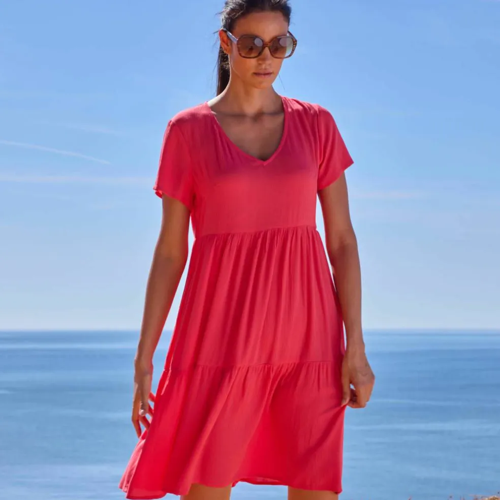 Robe col V courte unie, crépon