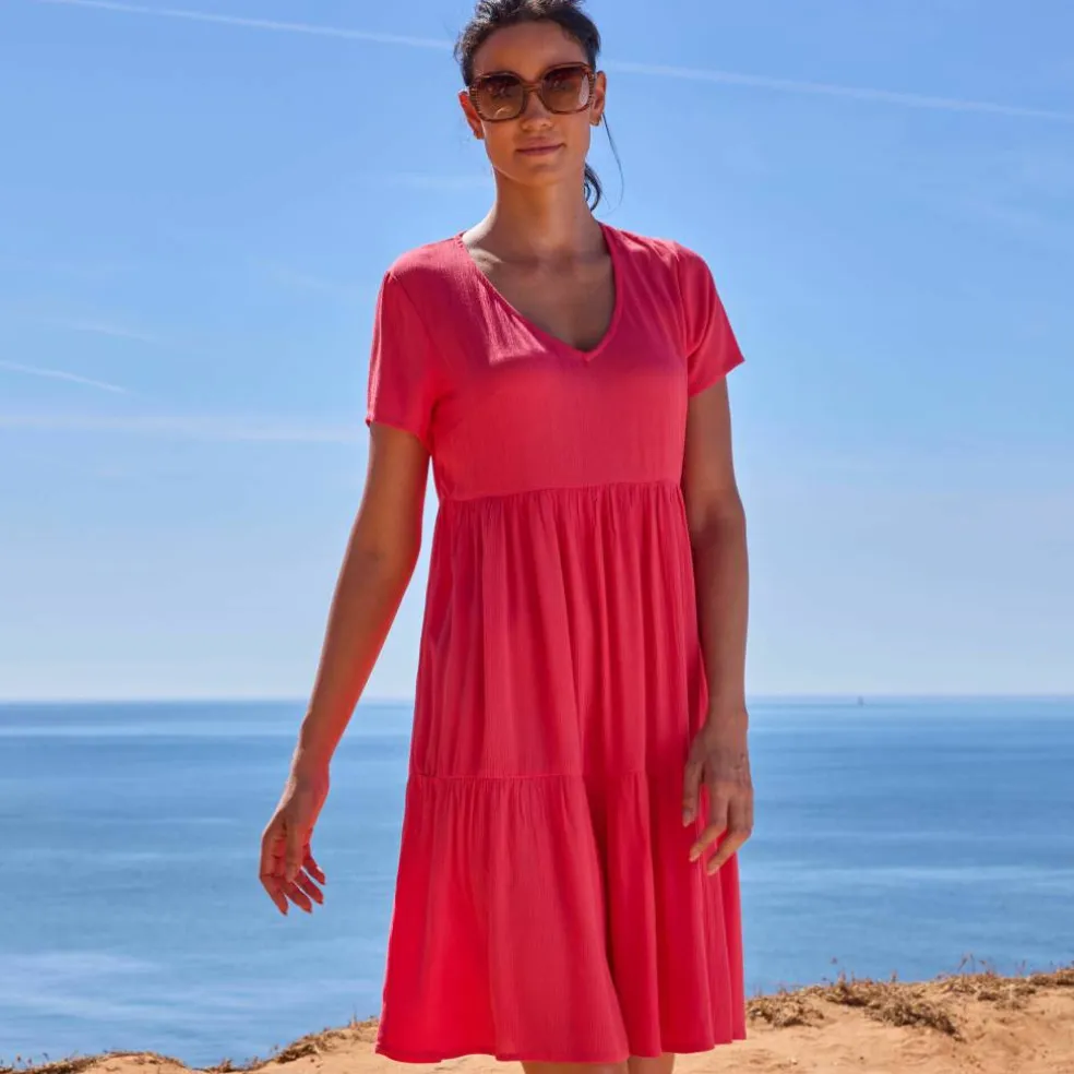Robe col V courte unie, crépon