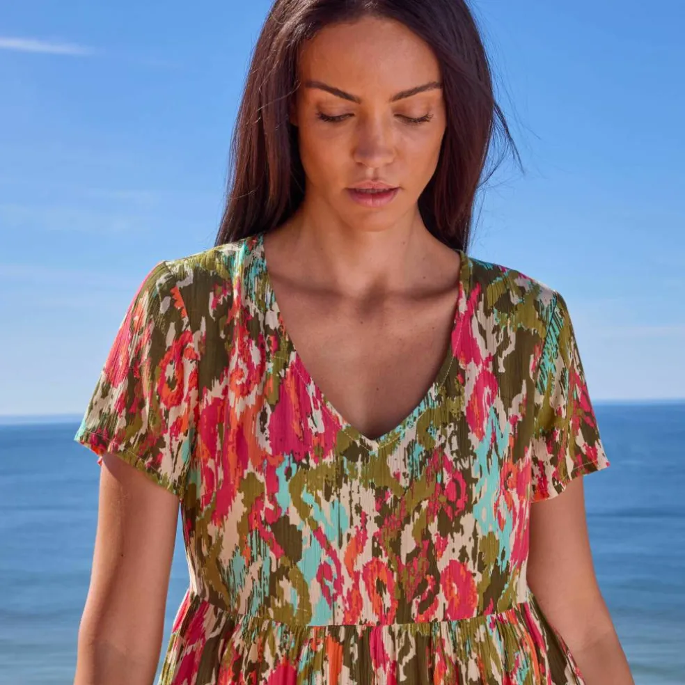 Robe col V longue imprimée, crépon