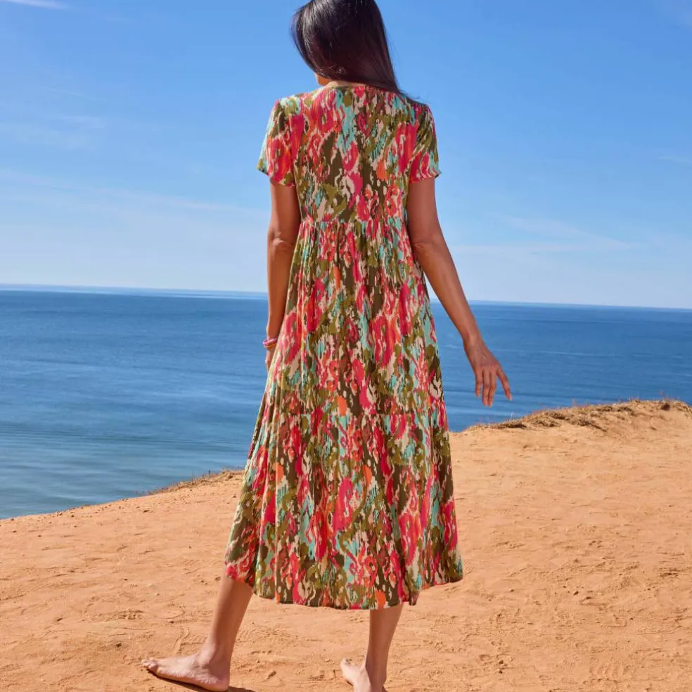 Robe col V longue imprimée, crépon
