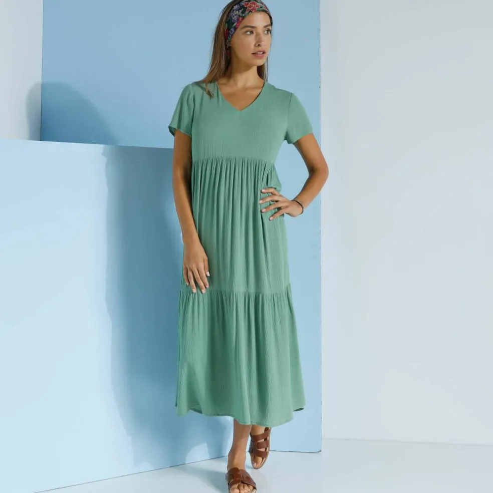 Robe col V longue unie, crépon