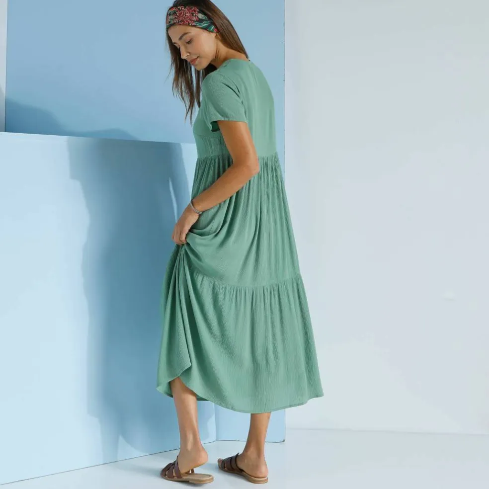 Robe col V longue unie, crépon