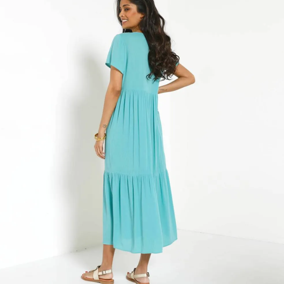 Robe col V longue unie, crépon
