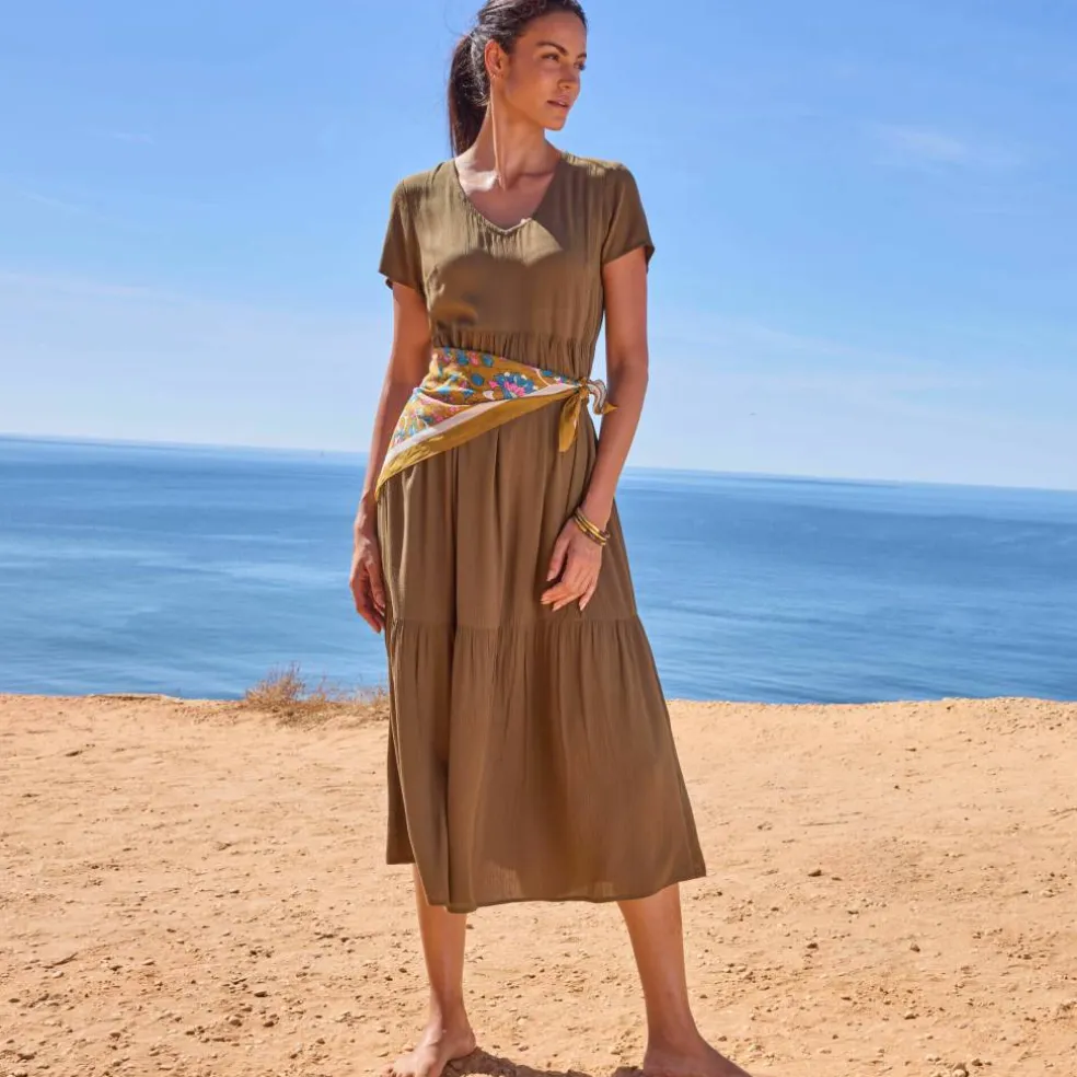 Robe col V longue unie, crépon