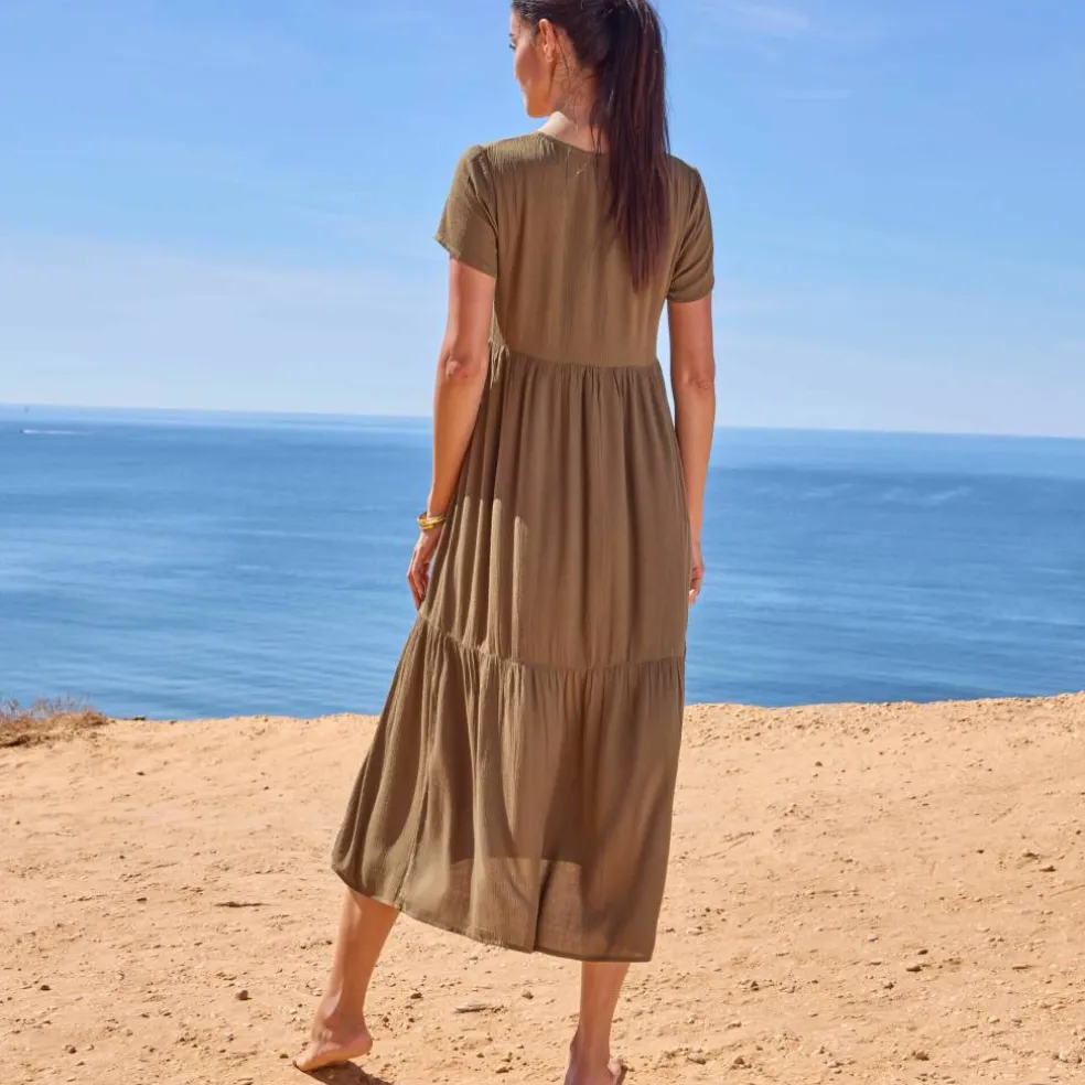 Robe col V longue unie, crépon