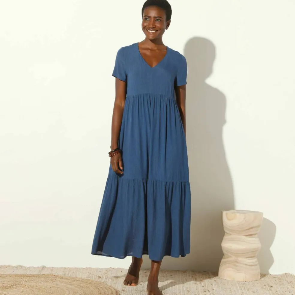 Robe col V longue unie, crépon