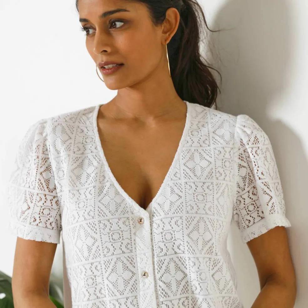 Robe courte boutonnée en dentelle, manches courtes