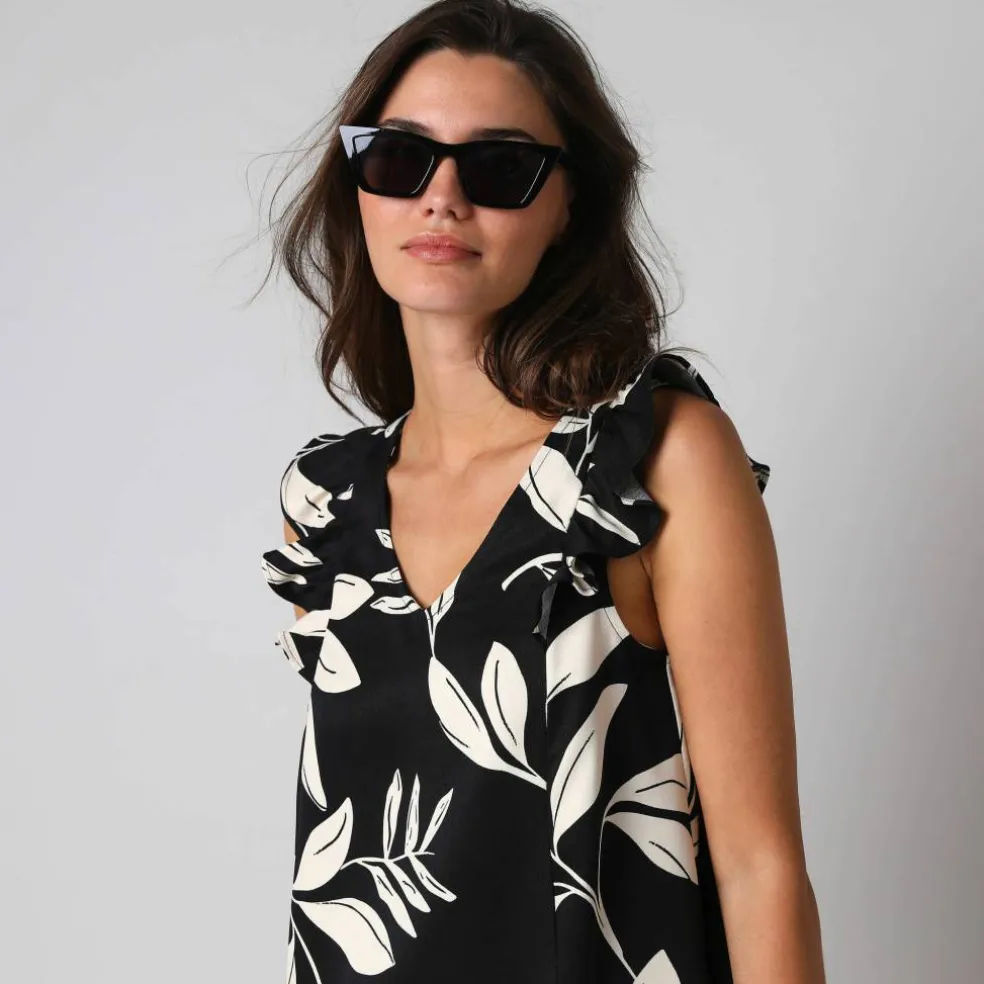 Robe courte col V imprimé feuillage, à mancherons volantés
