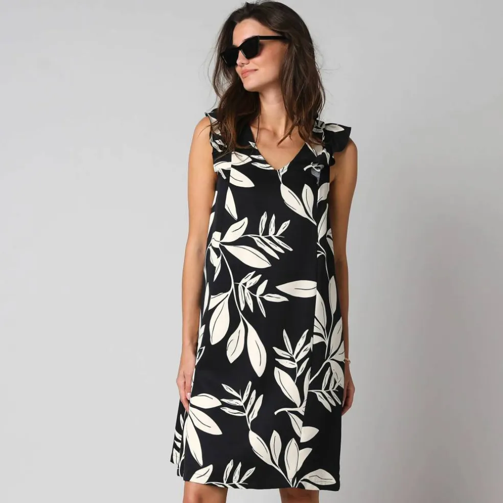 Robe courte col V imprimé feuillage, à mancherons volantés