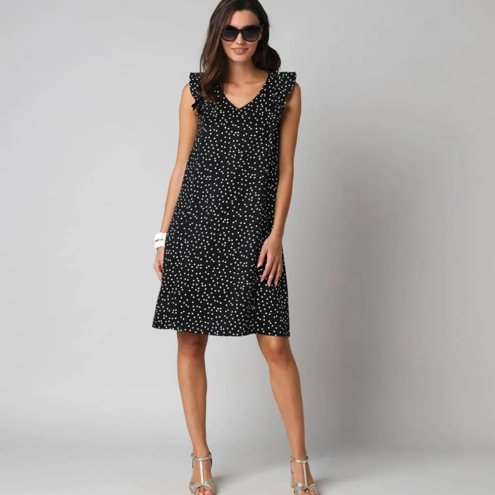 Robe courte col V imprimé pois, à mancherons volantés