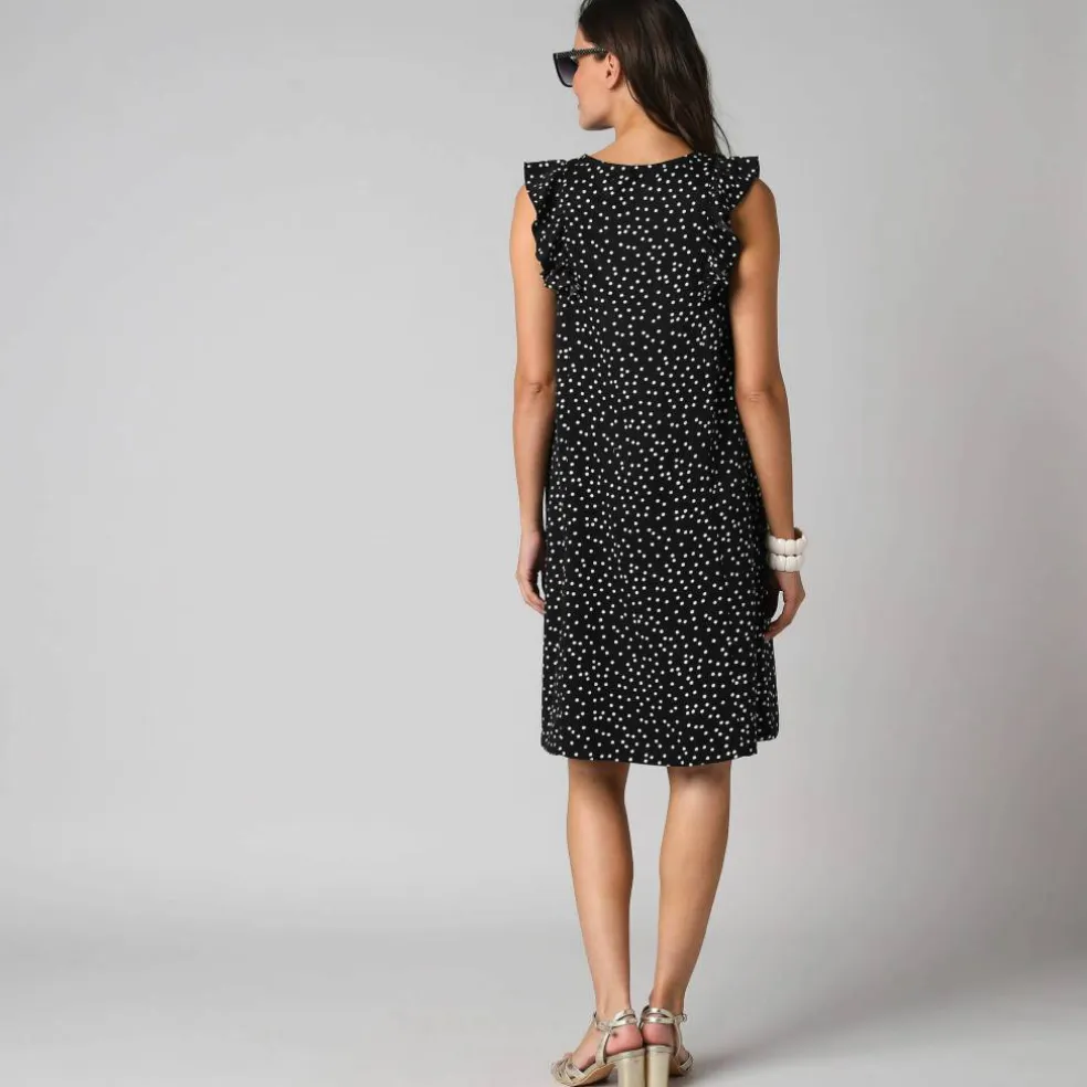 Robe courte col V imprimé pois, à mancherons volantés