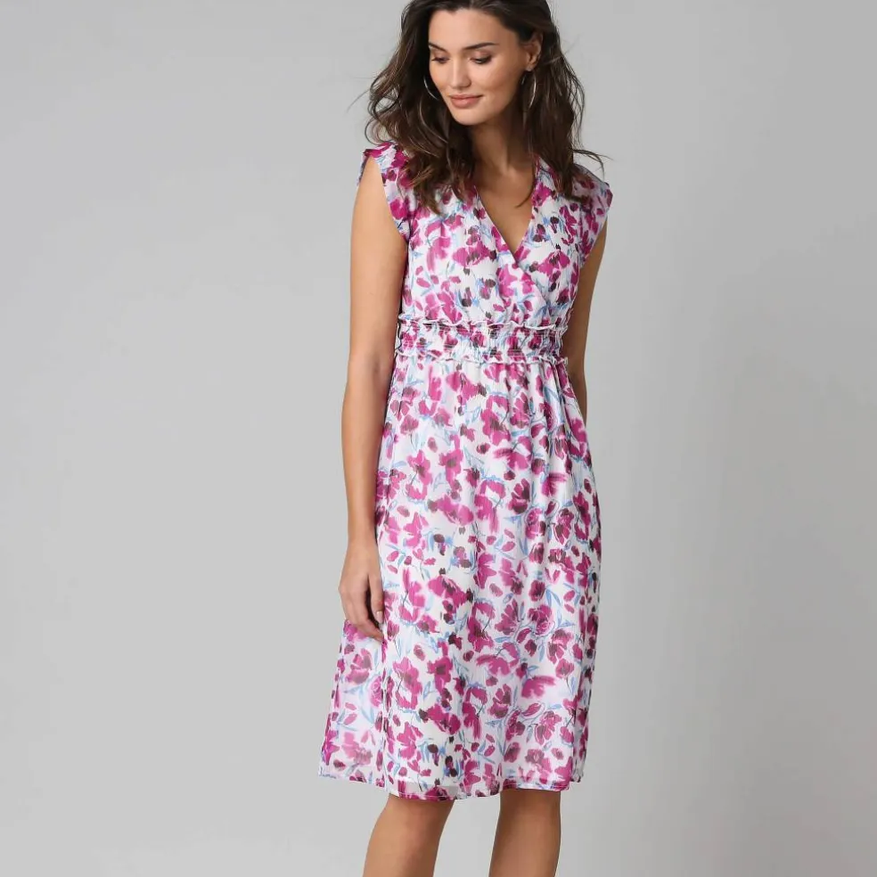 Robe courte décolleté cache-coeur, en voile imprimé
