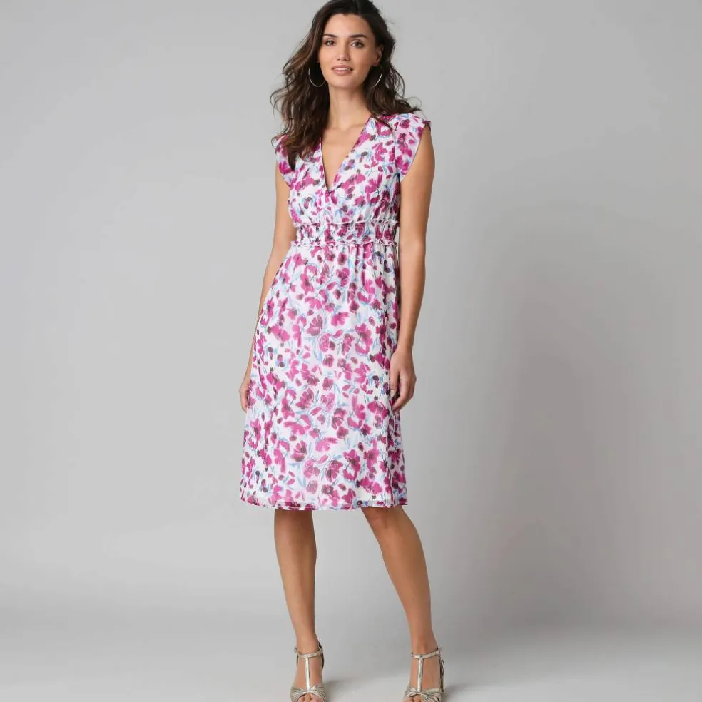Robe courte décolleté cache-coeur, en voile imprimé