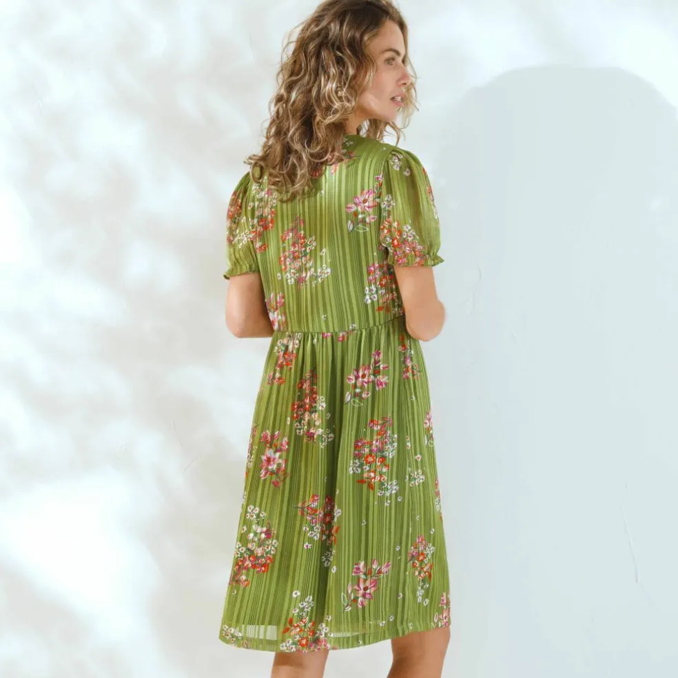Robe courte imprimé floral, voile fils brillants