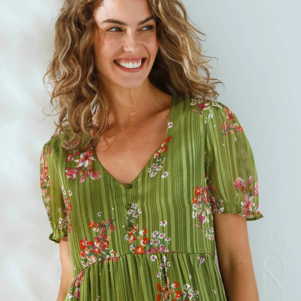 Robe courte imprimé floral, voile fils brillants
