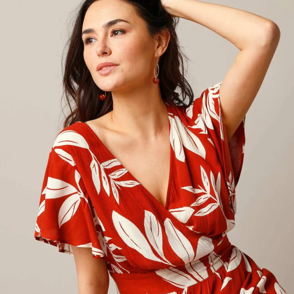 Robe effet cache-coeur, crépon imprimé XXL