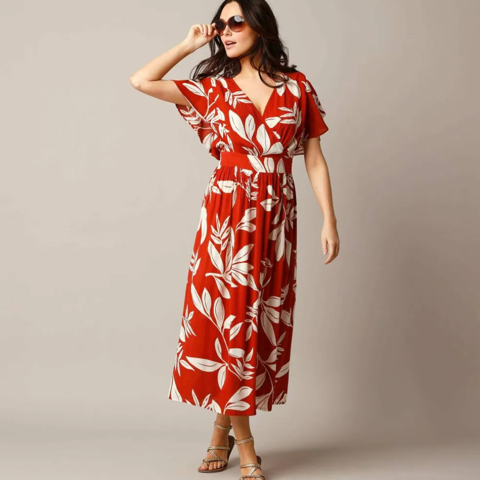 Robe effet cache-coeur, crépon imprimé XXL