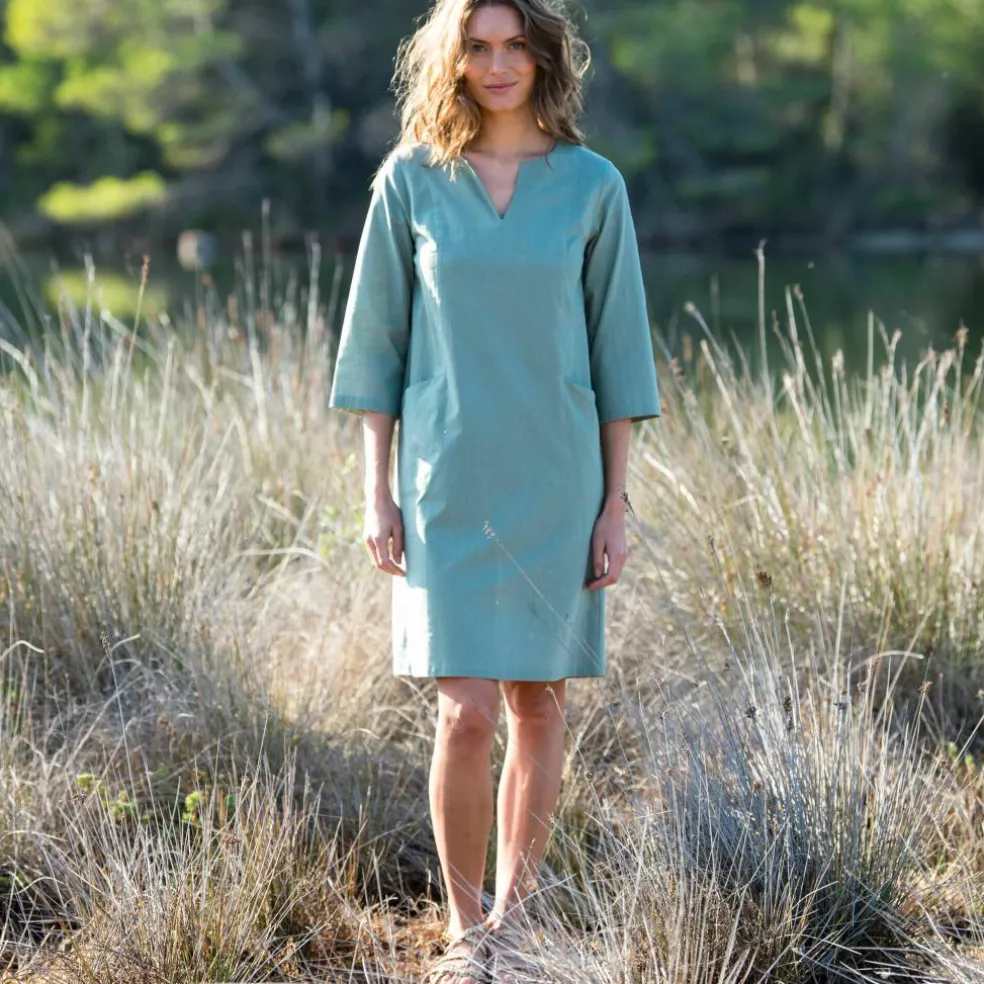 Robe forme housse unie, mélange coton-lin