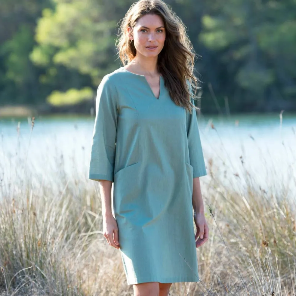 Robe forme housse unie, mélange coton-lin