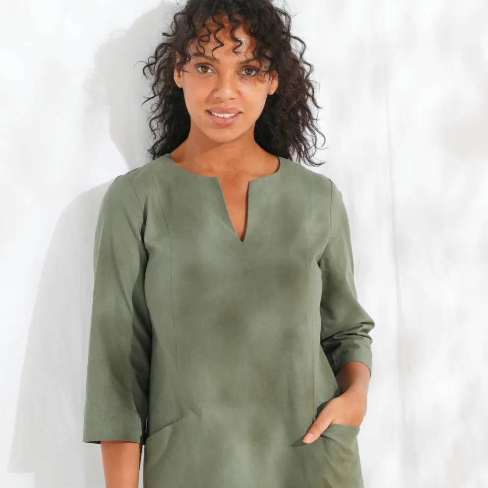 Robe forme housse unie, mélange coton-lin