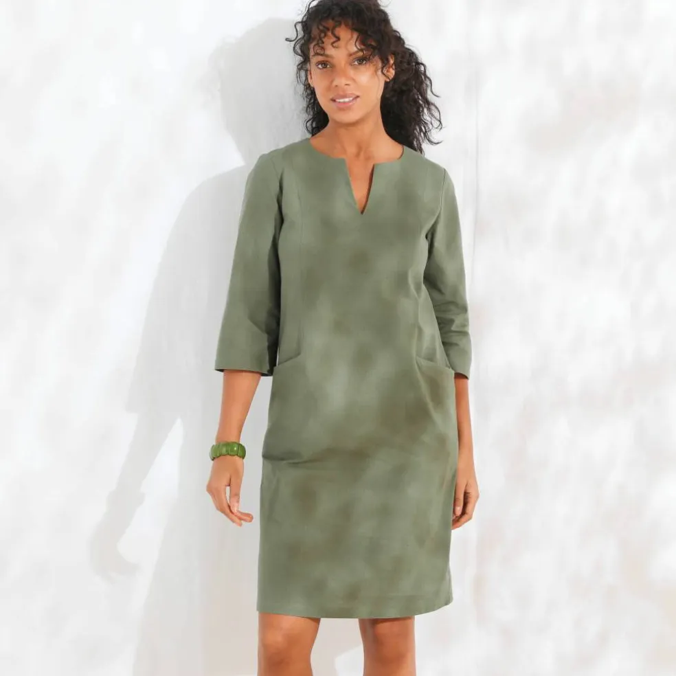 Robe forme housse unie, mélange coton-lin