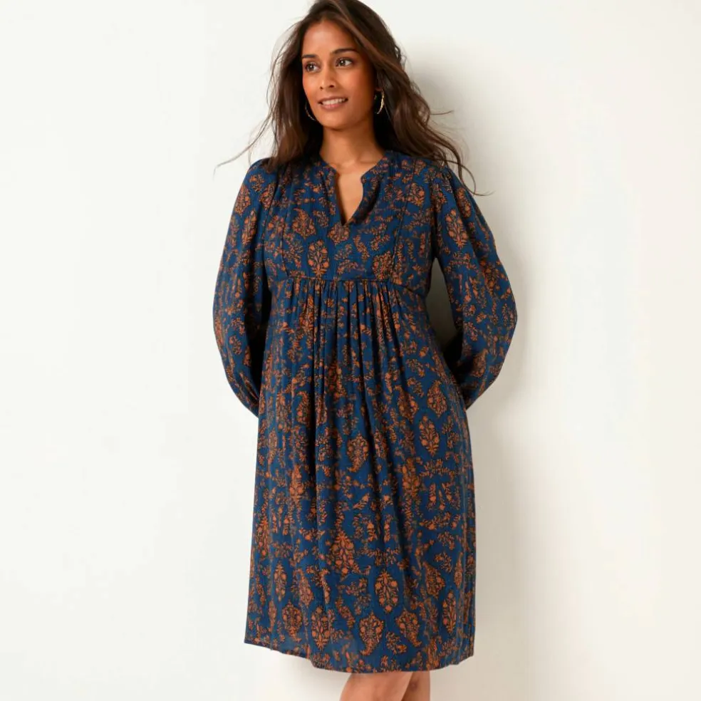 Robe housse col mao, crépon imprimé