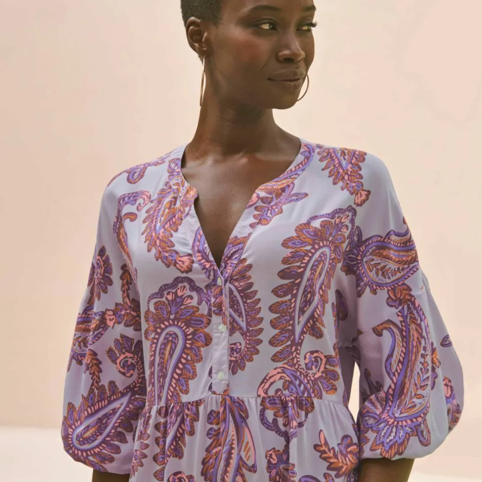 Robe imprimée col tunisien, manches boules