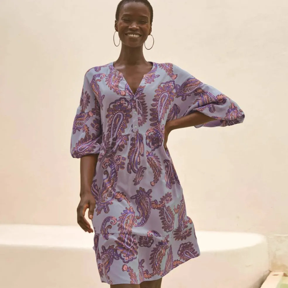 Robe imprimée col tunisien, manches boules