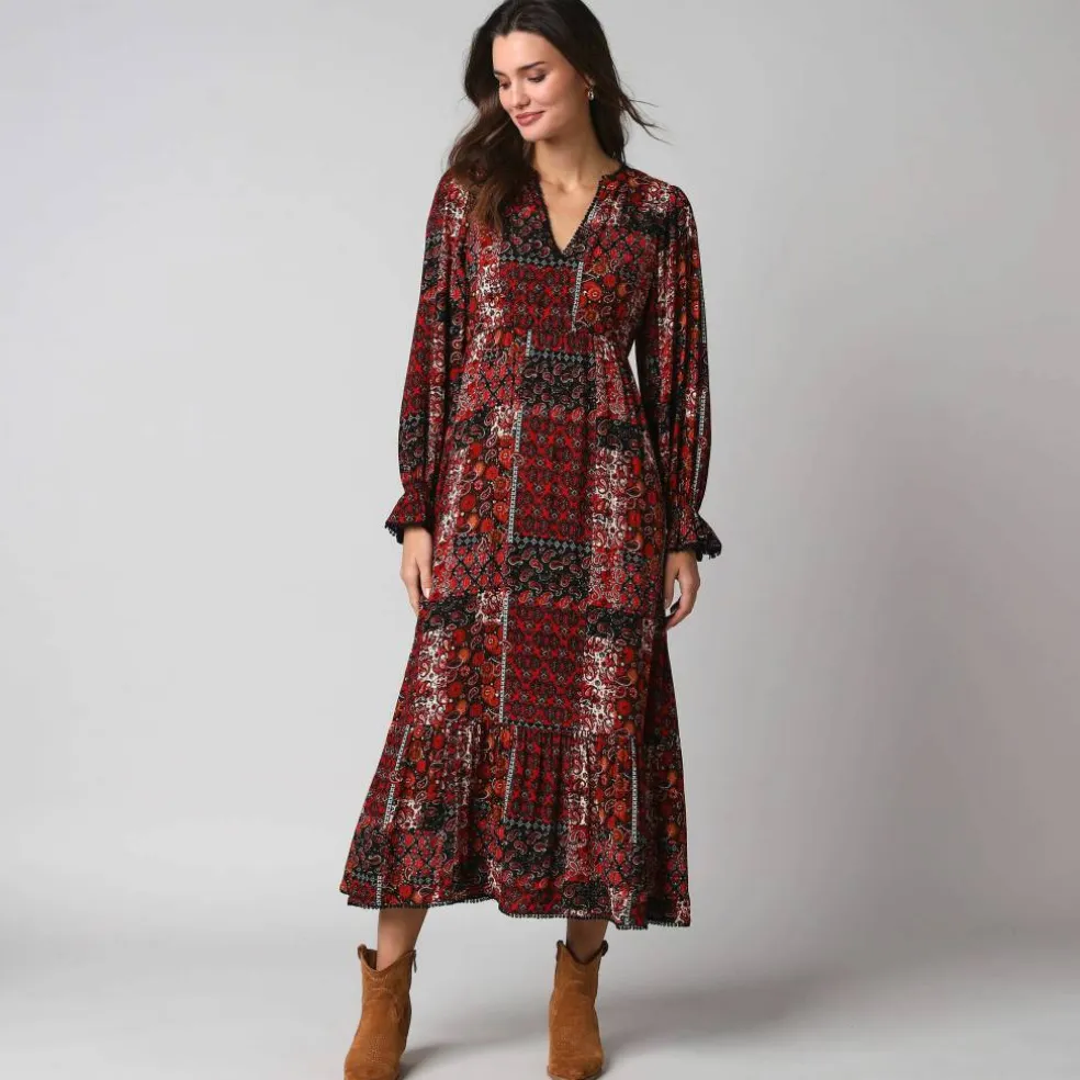 Robe longue bohème imprimé patchwork, en crépon