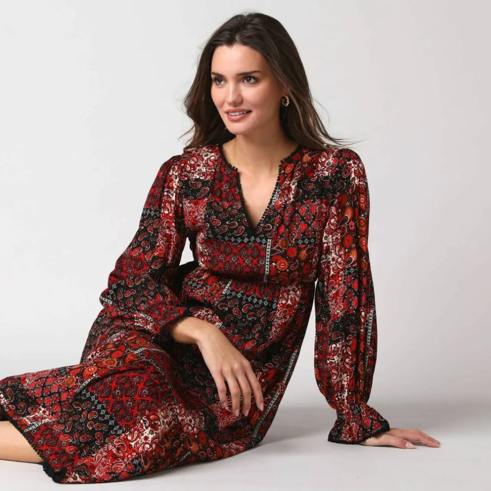 Robe longue bohème imprimé patchwork, en crépon