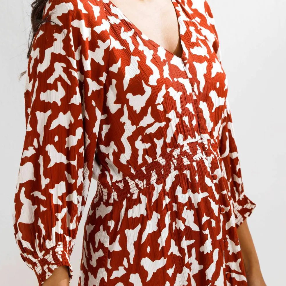 Robe longue boutonnée, crépon, imprimé graphique