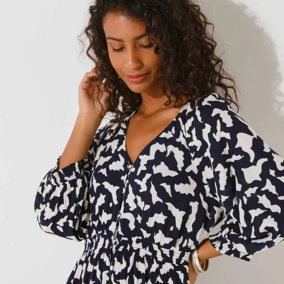 Robe longue boutonnée, crépon, imprimé graphique