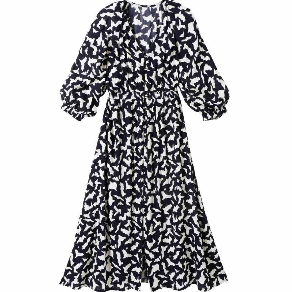 Robe longue boutonnée, crépon, imprimé graphique