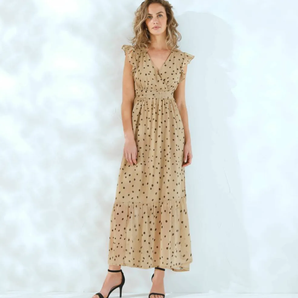 Robe longue cache-coeur sans manches voile imprimé
