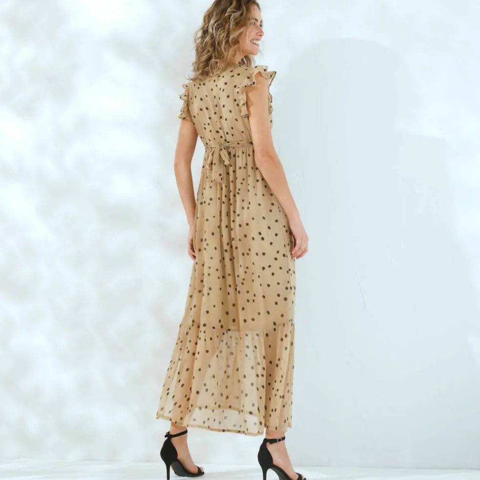 Robe longue cache-coeur sans manches voile imprimé