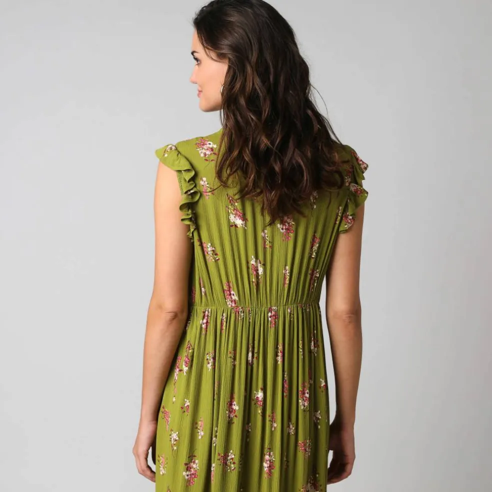 Robe longue col V, en crépon imprimé bouquets fleuris
