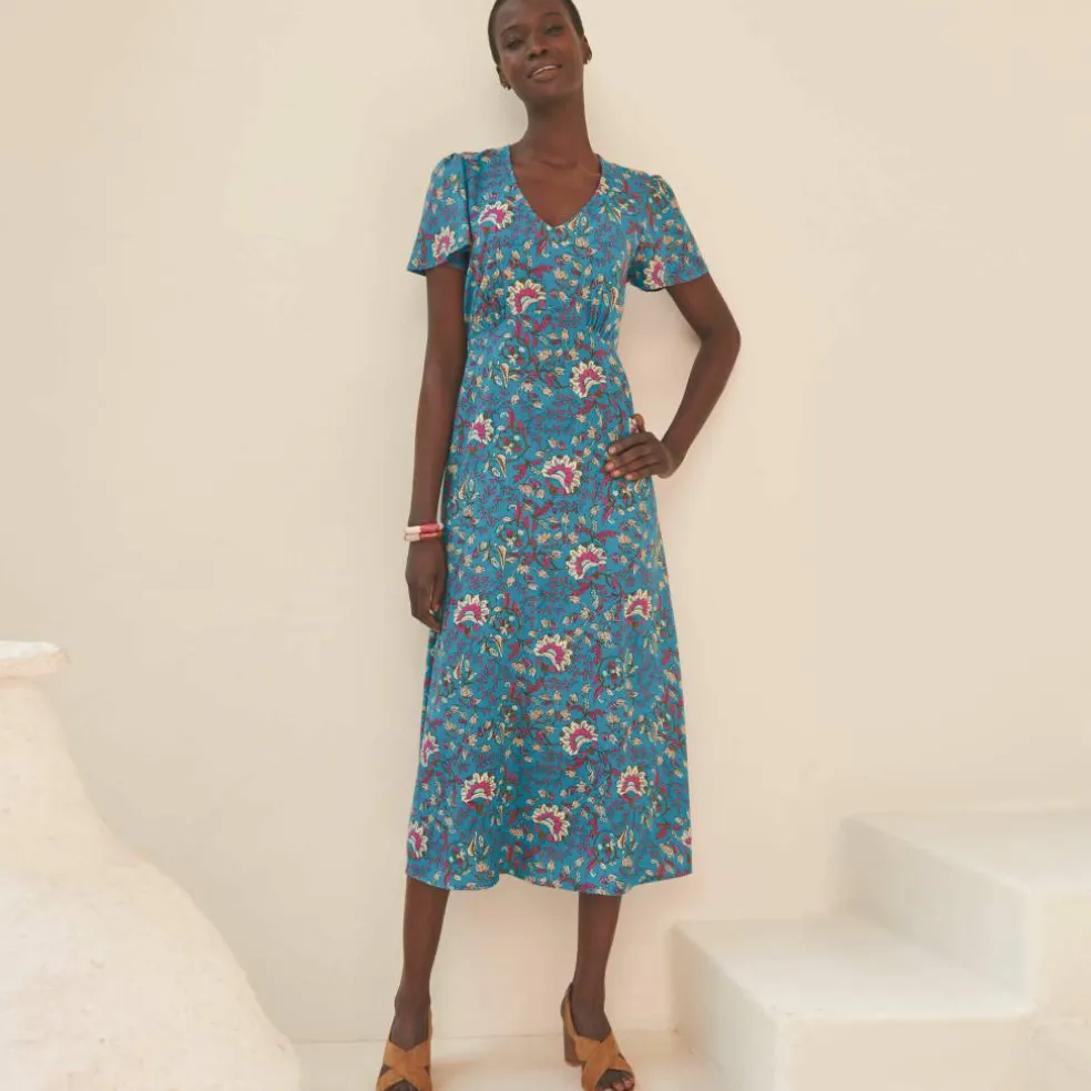 Robe longue col V imprimée, manches papillon