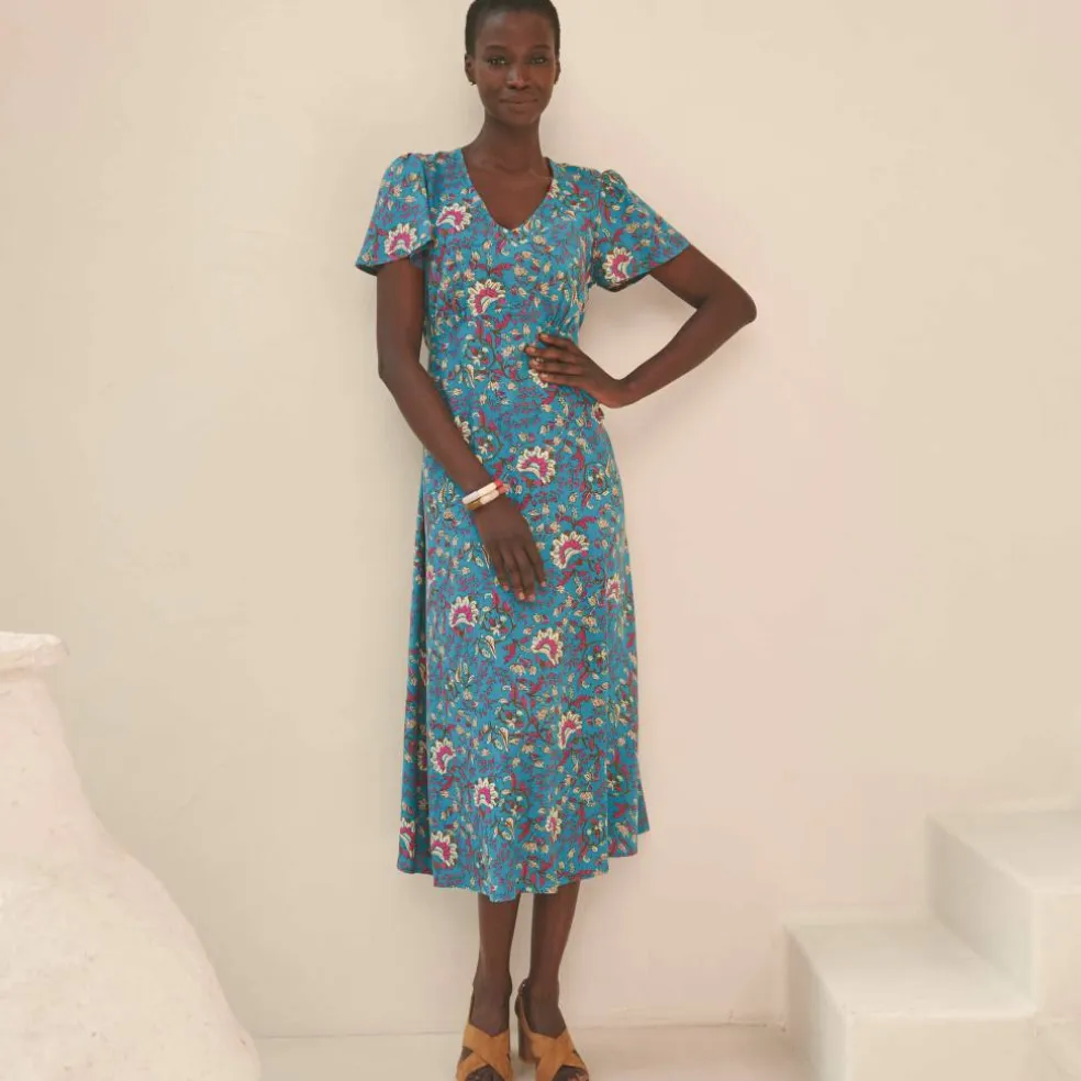 Robe longue col V imprimée, manches papillon