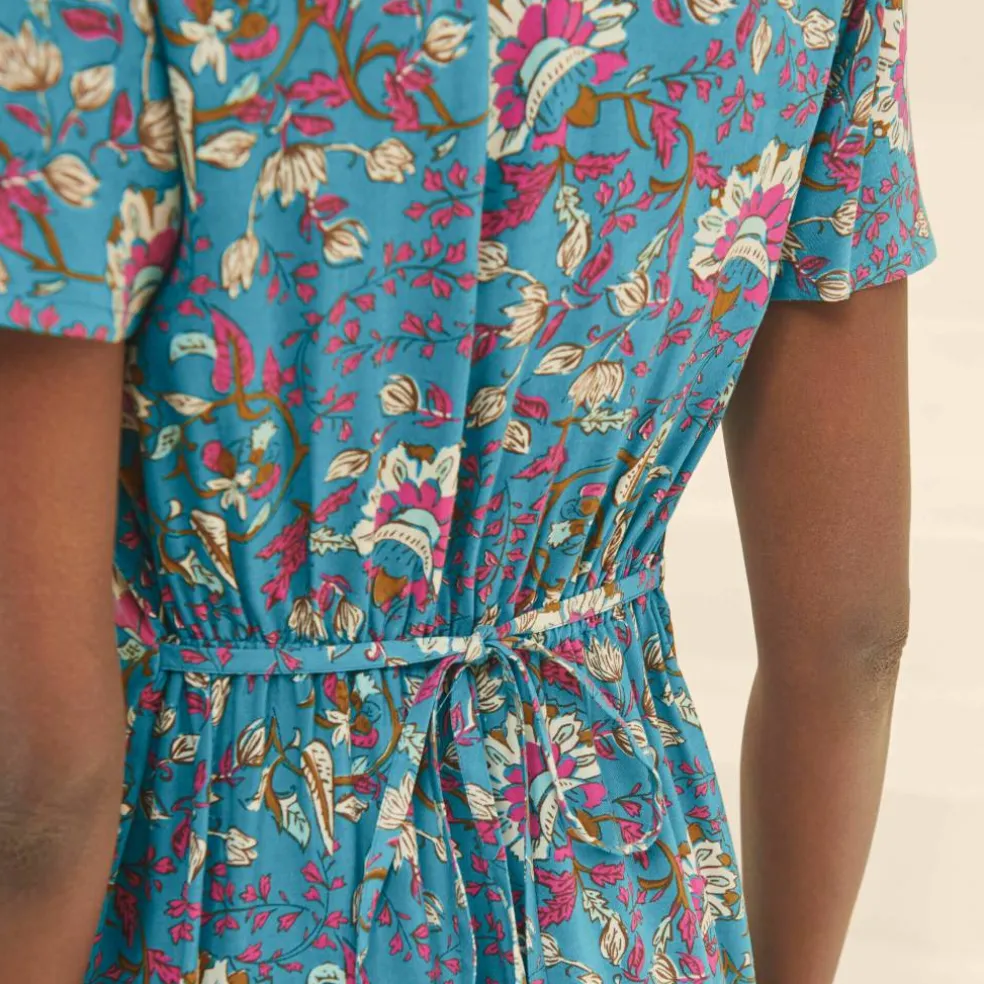 Robe longue col V imprimée, manches papillon