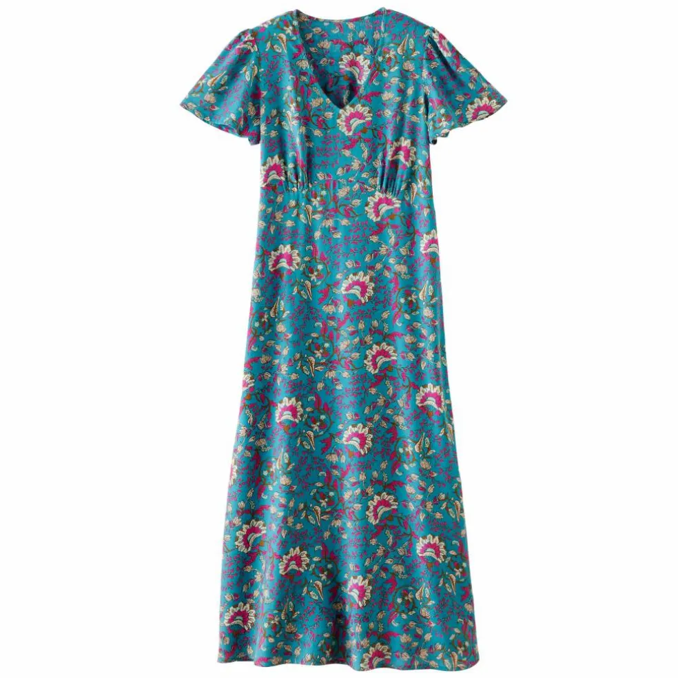 Robe longue col V imprimée, manches papillon