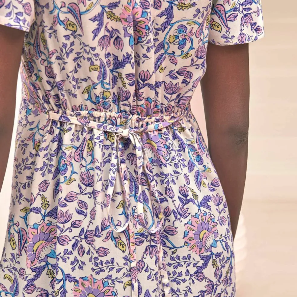 Robe longue col V imprimée, manches papillon