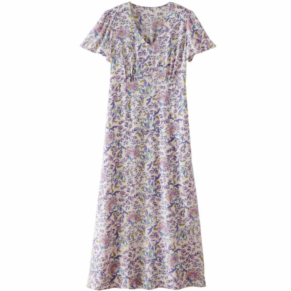 Robe longue col V imprimée, manches papillon
