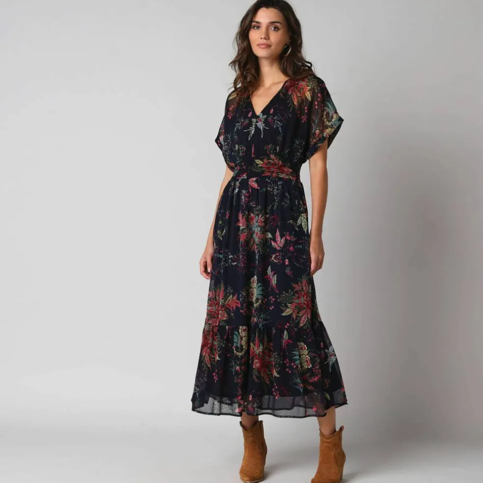 Robe longue col V, voile imprimé floral
