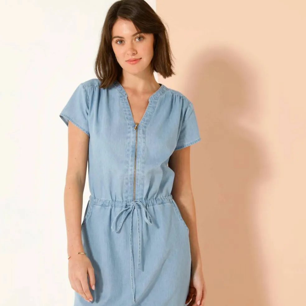 Robe longue col zippé, denim léger