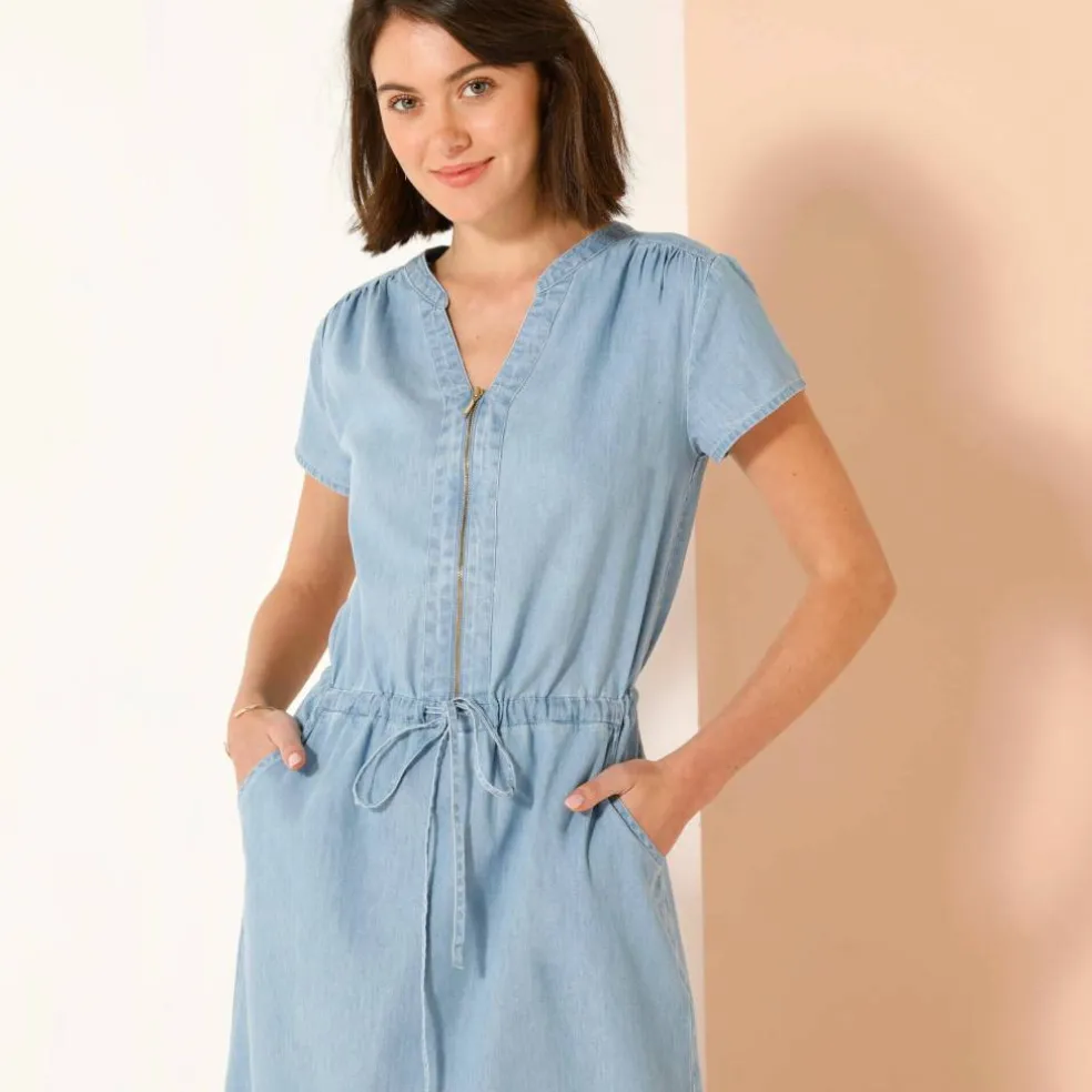 Robe longue col zippé, denim léger