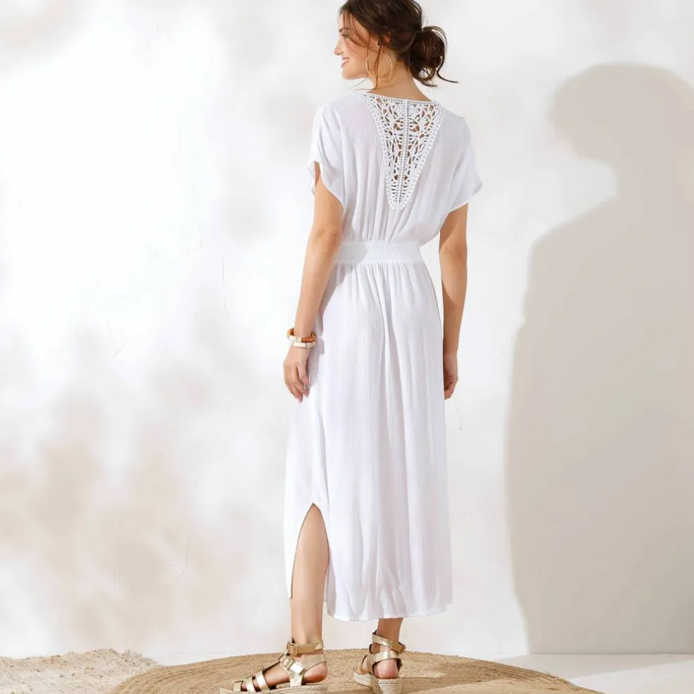 Robe longue crépon, détail macramé