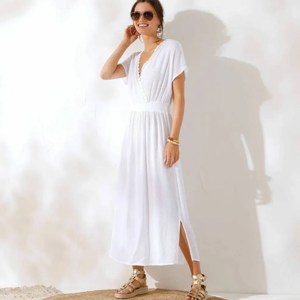 Robe longue crépon, détail macramé