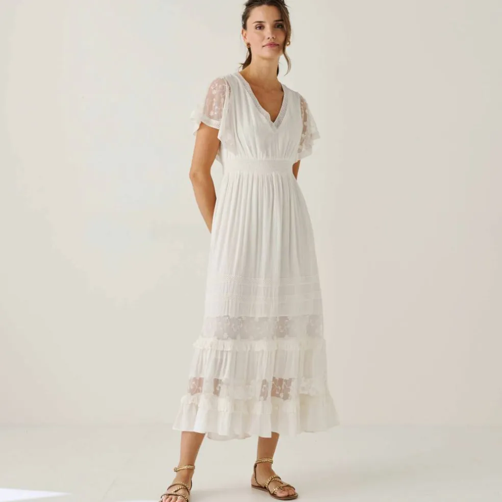Robe longue crépon et tulle brodé